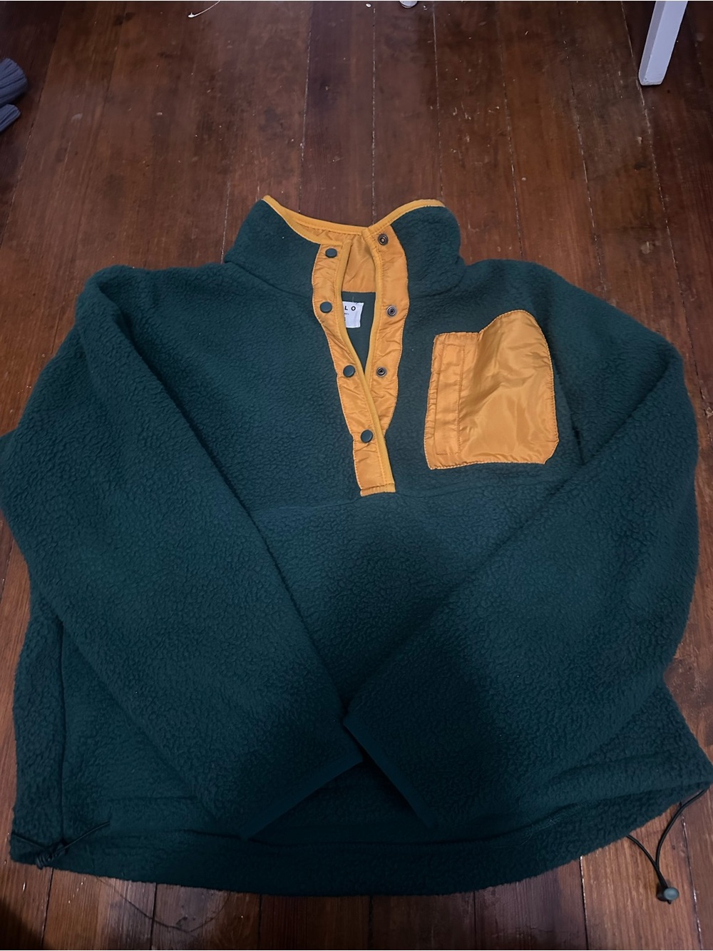 Green Sherpa Snap-Front Pullover with Mustard Pocket